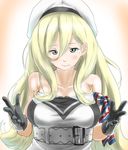  armband belt black_gloves blonde_hair blush breasts commentary_request dress gloves hair_between_eyes hat highres kantai_collection long_hair looking_at_viewer medium_breasts mole mole_under_eye mole_under_mouth remodel_(kantai_collection) richelieu_(kantai_collection) smile solo tama_(seiga46239239) yellow_eyes 