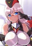  azur_lane bangs bare_shoulders black_gloves black_hat blue_eyes blunt_bangs blush breasts closed_mouth elbow_gloves eyebrows eyebrows_visible_through_hair garrison_cap gloves gneisenau_(azur_lane) hat impossible_clothes impossible_shirt large_breasts long_hair looking_at_viewer multicolored multicolored_clothes multicolored_hat oborogumo_takamitsu pink_hair red-framed_eyewear red_hat semi-rimless_eyewear shirt sleeveless sleeveless_shirt smile solo straight_hair sunlight upper_body white_shirt window 