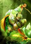  cape commentary crystal cyborg fire frog green_armor highres jumping looking_at_viewer maruhi_(maruhige12) monster orange_eyes original personification perspective plant solo vines 