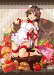  animal_ears apron bangs bare_shoulders barefoot blurry blurry_background box brown_hair cat_ears chocolate cupcake eyebrows_visible_through_hair food fruit full_body gift gift_box hand_up heart heart-shaped_box kneehighs long_hair looking_at_viewer md5_mismatch naked_apron original red_ribbon ribbon smile solo strawberry valentine yanagi_yuu yellow_eyes 