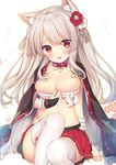  :o animal_ears azur_lane bandaged_arm bandages bangs belt_collar black_cape blush breasts bridal_gauntlets cape cat_ears cleavage collar collarbone commentary_request eyebrows_visible_through_hair fang fingernails floral_background floral_print flower flying_sweatdrops hair_between_eyes hair_flower hair_ornament head_tilt knee_up large_breasts long_hair looking_at_viewer midriff miniskirt pleated_skirt print_cape red_eyes red_flower red_skirt sarashi shibainu_niki shiny shiny_hair sidelocks silver_hair sitting skirt slit_pupils solo spiked_collar spikes stomach stomach_tattoo straight_hair tassel tattoo thick_eyebrows thighhighs white_background white_flower white_legwear yuudachi_(azur_lane) 