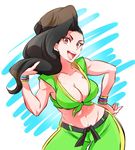  asymmetrical_hair big_hair black_hair bracelet breasts brown_eyes cleavage dark_skin eyelashes front-tie_top hand_on_hip jewelry laura_matsuda long_hair looking_at_viewer marimo_(yousei_ranbu) medium_breasts midriff navel open_mouth pants solo street_fighter street_fighter_v toned undercut 