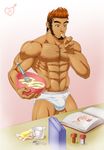  1boy abs bara body_hair bulge crotch food jaytee kitchen male_focus muscle pecs solo topless underwear 