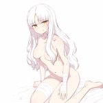  bandaged_arm bandaged_leg bandaged_neck bandages breasts caren_hortensia chan_co closed_mouth commentary fate/hollow_ataraxia fate_(series) fingernails hair_censor large_breasts long_hair looking_at_viewer navel nude simple_background sitting solo sweat sweatdrop wariza white_background white_hair 