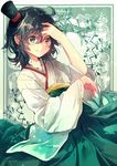  anchor black_hair green_eyes hakama hat highres japanese_clothes kantai_collection kimono long_sleeves looking_at_viewer matsukaze_(kantai_collection) meiji_schoolgirl_uniform mini_hat mini_top_hat nanahamu short_hair smile solo top_hat wavy_hair wide_sleeves 