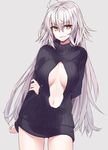  ahoge arms_behind_back bangs black_sweater breasts center_opening commentary_request eyebrows_visible_through_hair fate/grand_order fate_(series) grey_background hair_between_eyes jeanne_d'arc_(alter)_(fate) jeanne_d'arc_(fate)_(all) large_breasts long_hair navel open_mouth ribbed_sweater shunichi silver_hair simple_background smile solo sweater thighs turtleneck turtleneck_sweater very_long_hair yellow_eyes 