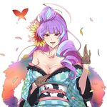  black_gloves blue_hair blue_kimono breasts checkered checkered_kimono cleavage collarbone commentary_request don_(rg06268) gloves highres japanese_clothes kimono large_breasts long_hair looking_at_viewer macross macross_delta mikumo_guynemer multicolored_hair off_shoulder open_mouth purple_hair red_eyes sash shiny shiny_hair shiny_skin simple_background solo two-tone_hair very_long_hair white_background 