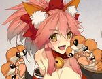  :d animal_ears bangs bare_shoulders bell bell_collar blush bow breasts bright_pupils cat_paws claws cleavage collar collarbone detached_sleeves eyebrows eyebrows_visible_through_hair eyelashes fang fate/grand_order fate_(series) fox_ears gloves gradient gradient_background hair_between_eyes hair_bow high_ponytail japanese_clothes jingle_bell kamaboko_(ossann0125) lips long_sleeves medium_breasts open_mouth paw_gloves paws pink_hair pink_lips red_bow red_collar sidelocks smile solo tamamo_(fate)_(all) tamamo_cat_(fate) teeth thick_eyebrows tongue white_pupils yellow_eyes 