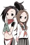  absurdres arms_behind_back black_eyes black_hair black_sailor_collar black_skirt brown_eyes brown_hair commentary_request creator_connection crossover detached_sleeves highres karakai_jouzu_no_takagi-san kuji-in kunoichi_tsubaki_no_mune_no_uchi long_hair long_sleeves looking_at_viewer midriff multiple_girls navel neckerchief ninja pelvic_curtain pleated_skirt red_neckwear sailor_collar scarf school_uniform serafuku simple_background skirt standing takagi-san tsubaki_(kunoichi_tsubaki_no_mune_no_uchi) white_background yamamoto_souichirou 