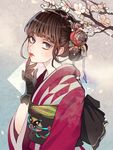  absurdres bangs blue_eyes brown_hair butterfly_ornament closed_mouth commentary commentary_request flower gloves hand_on_own_chin highres japanese_clothes kimono looking_at_viewer multicolored multicolored_background original partial_commentary remon_(10112) shadow short_hair solo 