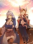  ahoge artist_name blush braid brown_hair cape closed_eyes gloves granblue_fantasy hair_ornament hairband hood hooded_jacket jacket laughing long_hair multiple_girls nozomu144 silva_(granblue_fantasy) silver_hair skirt sky smile song_(granblue_fantasy) sunset thighhighs yellow_eyes 