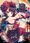  :q bare_shoulders barefoot black_hair black_kimono blue_eyes breasts calligraphy_brush cat cleavage fate/grand_order fate_(series) flower hair_flower hair_ornament hairpin highres ink japanese_clothes katsushika_hokusai_(fate/grand_order) kimono ko_yu looking_at_viewer medium_breasts obi octopus paintbrush sash short_hair solo tokitarou_(fate/grand_order) tongue tongue_out 