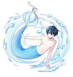  akairo1122 black_hair blue_eyes free! full_body looking_at_viewer male_focus merman monster_boy nanase_haruka_(free!) navel no_nipples smile solo 