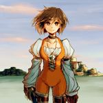  bodysuit breasts brown_eyes brown_hair commentary_request final_fantasy final_fantasy_ix garnet_til_alexandros_xvii gloves knife medium_breasts orange_bodysuit short_hair solo sunagimo_(nagimo) 