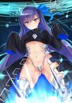  blue_eyes closed_mouth crotch_plate fate/extra fate/extra_ccc fate_(series) flat_chest hands_up highres long_hair meltlilith navel purple_hair revealing_clothes ribbon solo thighs yuemanhuaikong 