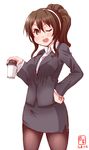  ;d alternate_costume artist_logo ashigara_(kantai_collection) black_background brown_eyes brown_hair coffee_cup commentary_request cowboy_shot cup dated disposable_cup fang formal hairband highres holding holding_cup kanon_(kurogane_knights) kantai_collection long_hair miniskirt office_lady one_eye_closed open_mouth pantyhose pencil_skirt ponytail simple_background skirt skirt_suit smile solo standing suit tumbler white_background 