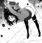  1girl absurdres bdsm black_hair black_legwear black_skirt bondage bound crying doggystyle fate/stay_night fate_(series) greyscale hetero highres kyokucho long_hair monochrome panties panties_around_one_leg pleated_skirt pussy_juice pussy_juice_stain rape saliva sex skirt spread_legs streaming_tears sweater tears thighhighs toosaka_rin two_side_up underwear wet wet_clothes wet_panties 