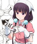  1girl :/ apron bangs bar_censor belt blend_s blunt_bangs blush brown_hair censored closed_mouth collared_shirt cum cum_in_cup cum_on_food cup ejaculation erection eyebrows_visible_through_hair gloves handjob head_scarf hetero holding long_hair looking_at_another low_twintails male_pubic_hair mug pants_pull partially_colored penis pink_shirt pubic_hair puffy_short_sleeves puffy_sleeves purple_eyes sakuranomiya_maika shirt shirt_lift short_sleeves stile_uniform testicles twintails unbuttoned veins veiny_penis very_long_hair waist_apron waitress white_apron white_gloves wing_collar youkan 