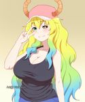  1girl blush breasts cleavage dragon_girl heterochromia kobayashi-san_chi_no_maidragon large_breasts quetzalcoatl smile solo tank_top v vicio_cusimano 