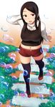  :d arm_behind_head bad_id bad_pixiv_id black_hair black_legwear brown_eyes bubble day highres navel neri_kouji open_mouth original outdoors path red_footwear red_shorts road short_shorts shorts smile standing thighs 