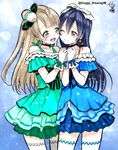  bare_shoulders blue_dress blue_hair bow cheek-to-cheek closed_mouth commentary_request dress earrings gloves green_dress grey_hair hair_between_eyes hair_ornament hair_ribbon hands_together highres jewelry kira-kira_sensation! kisaragi_mizu long_hair love_live! love_live!_school_idol_project minami_kotori multiple_girls one_eye_closed one_side_up open_mouth ribbon simple_background smile sonoda_umi tearing_up white_gloves white_legwear yellow_eyes 