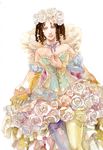  breasts cleavage commentary_request curly_hair dress elbow_gloves flower gloves lomacchi long_hair princess_white_rose rose saga saga_frontier solo traditional_media watercolor_(medium) white_flower white_rose 