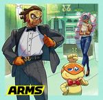  1girl al_bhed_eyes alternate_costume arms_(game) belt brown_hair cobushii_(arms) commentary_request dark_skin dark_skinned_male earrings highres ishikawa_masaaki jewelry logo long_hair mask misango official_art robot silver_hair tuxedo twintelle_(arms) 