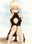  1girl artoria_pendragon_(all) bangs bare_shoulders black_bow black_swimsuit blonde_hair bow braid breasts brother_(artist) cameltoe center_opening collarbone eyebrows_visible_through_hair fate/grand_order fate_(series) food frilled_swimsuit frills frown hair_bow highres leg_garter medium_breasts one-piece_swimsuit popsicle saber_alter sitting solo swimsuit yellow_eyes 