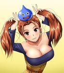  blush breasts brown_hair bunching_hair cleavage double_v dragon_quest dragon_quest_viii dress earrings inuyasha_(43884322) jessica_albert jewelry large_breasts red_eyes slime_(dragon_quest) smile twintails v 