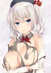  banned_artist beret blue_eyes breasts eyebrows_visible_through_hair gloves grey_shirt hair_between_eyes hat highres jacket kantai_collection kashima_(kantai_collection) kerchief large_breasts n.g. open_mouth shirt short_hair silver_hair solo torn_clothes torn_shirt two_side_up white_gloves white_jacket 