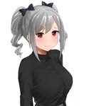 black_bow black_shirt blush bow breasts commentary_request drill_hair grey_hair hair_bow highres idolmaster idolmaster_cinderella_girls kanzaki_ranko long_hair medium_breasts red_eyes senju_(snz0) shirt simple_background smile solo twin_drills twintails upper_body white_background 