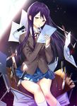  blazer blue_skirt blush broken commentary desk doki_doki_literature_club hair_ornament hairclip jacket kneehighs knife knife_in_mouth light light_particles long_hair macciatto_(aciel02) neck_ribbon paper purple_eyes purple_hair reading ribbon school_desk school_uniform sitting skirt slash solo stabbed yuri_(doki_doki_literature_club) 