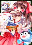  2018 bangs black_border border bow brown_hair detached_sleeves funnyfunny hair_bow hair_tubes hakurei_reimu hand_up highres hip_vent long_hair looking_at_viewer marker_(medium) obi open_mouth red_bow red_eyes red_skirt ribbon-trimmed_sleeves ribbon_trim sash sidelocks skirt smile solo stuffed_animal stuffed_cat stuffed_toy touhou traditional_media 