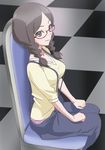  aizawa_nanoka braid breasts brown_eyes brown_hair checkered checkered_floor glasses haruyama_kazunori medium_breasts panties pants pantyshot pantyshot_(sitting) pink_panties red-framed_eyewear short_hair sitting solo suspenders twin_braids underwear wake_up_girls! 