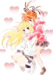  2girls blonde_hair blue_eyes blush couple fate_testarossa happy heart hug hug_from_behind long_hair lyrical_nanoha mahou_shoujo_lyrical_nanoha mahou_shoujo_lyrical_nanoha_a&#039;s multiple_girls orange_hair pigtails red_eyes short_hair simple_background skirt smile takamachi_nanoha tokoharu twintails yuri 