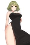  bangs bare_shoulders black_dress blue_eyes blush breasts brown_hair commentary_request covered_navel dress eyebrows_visible_through_hair green_eyes hand_on_own_chest heterochromia highres hips idolmaster idolmaster_cinderella_girls large_breasts mole mole_under_eye senju_(snz0) short_hair side_slit simple_background smile solo takagaki_kaede thighs white_background 