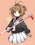  antenna_hair brown_hair cardcaptor_sakura fuuin_no_tsue green_eyes kero kinomoto_sakura looking_at_viewer magical_girl nauribon school_uniform short_hair smile tomoeda_elementary_school_uniform wand 