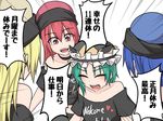  adelie_penguin_bullying bare_shoulders black_shirt blonde_hair blue_hair check_translation choker closed_eyes clothes_writing cosplay emphasis_lines green_hair hecatia_lapislazuli hecatia_lapislazuli_(cosplay) highres kuroba_rapid meme multiple_girls multiple_persona open_mouth polos_crown red_eyes red_hair shiki_eiki shirt t-shirt touhou translation_request upper_body 