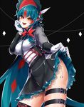  :d alternate_color belt belt_buckle black_background black_belt black_skirt blue_hair bonnet breasts buckle cape decidueye diamond_(shape) eyebrows eyebrows_visible_through_hair gen_7_pokemon gloves hand_on_own_face hime_(ohime_pkg) legs_apart lifted_by_self long_sleeves looking_at_viewer medium_breasts miniskirt multicolored_hair open_mouth orange_eyes personification pokemon raised_eyebrows red_hair shiny_pokemon short_hair skindentation skirt skirt_lift smile solo standing streaked_hair taut_clothes thigh_strap tongue two-tone_hair white_gloves 