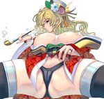  black_bra black_legwear blonde_hair blue_eyes bra breasts cameltoe highres holding holding_pipe jewelry large_breasts long_hair looking_at_viewer masao nipples oiran open_clothes original pipe ring simple_background solo spread_legs thighhighs underwear white_background 