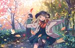  animal_ears autumn autumn_leaves bf._(sogogiching) black_eyes black_hair black_hat blonde_hair blush brown_eyes bush cardigan dog_ears dog_tail hand_in_pocket hat jacket kicking leaf long_hair long_skirt long_sleeves looking_at_viewer looking_to_the_side multiple_girls nature open_cardigan open_clothes open_mouth original outdoors outstretched_arms park scarf shoes skirt smile sneakers spread_arms sun_hat sweater tail tree 