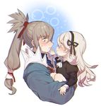  carrying dress female_my_unit_(fire_emblem_if) fire_emblem fire_emblem_if grey_hair hairband long_hair mamkute my_unit_(fire_emblem_if) pointy_ears ponytail simple_background smile takumi_(fire_emblem_if) white_background white_hair younger zuizi 