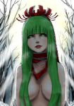  alternate_hairstyle backlighting bangs bare_tree blunt_bangs bow breasts breasts_apart collarbone commentary_request faux_traditional_media frills green_eyes green_hair hair_bow hair_censor hair_over_breasts hair_ribbon highres juurouta_(pixiv3673286) kagiyama_hina light_smile lips long_hair looking_at_viewer medium_breasts nude off_shoulder outdoors parted_lips red_lips ribbon solo symbol-shaped_pupils touhou tree upper_body yellow_pupils 