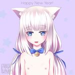  :d angielaura animal_ears artist_name bad_id bad_pixiv_id bangs bell blue_eyes blue_neckwear blue_ribbon blunt_bangs bow bowtie cat_ears commentary eyebrows_visible_through_hair fang flat_chest hair_ribbon happy_new_year heart heart-shaped_pupils jingle_bell long_hair looking_at_viewer low_twintails neck_bell nekopara new_year nipples nude open_mouth purple_background ribbon simple_background smile solo star starry_background symbol-shaped_pupils twintails vanilla_(sayori) white_hair 