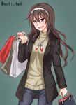  alternate_costume alternate_eye_color anti_(untea9) ashigara_(kantai_collection) bag black_jacket blazer brown_eyes brown_hair commentary_request cowboy_shot denim fang grey_background hairband highres jacket jeans kantai_collection long_hair open_mouth pants purple_eyes shirt shopping_bag simple_background solo standing twitter_username wavy_hair yellow_shirt 