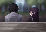  1girl ageha_(ray-k) black_hair blurry blurry_background commentary day eyepatch from_behind long_hair looking_at_another original outdoors purple_hair ray-k red_eyes 