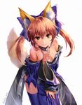  alle_gro animal_ears blue_legwear blue_ribbon breasts cleavage closed_mouth detached_sleeves fate/extra fate/extra_ccc fate/grand_order fate_(series) fox_ears fox_shadow_puppet fox_tail hair_ribbon japanese_clothes large_breasts pink_hair ribbon signature simple_background tail tamamo_(fate)_(all) tamamo_no_mae_(fate) thighhighs white_background yellow_eyes 