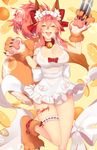  animal_ears apron bell bell_collar blush bow breasts cat_hair_ornament cat_paws cleavage collar fangs fate/grand_order fate_(series) food fox_ears fox_tail fruit gloves hair_bow hair_ornament hair_ribbon highres jingle_bell knife large_breasts long_hair maid_headdress naked_apron open_mouth orange paw_gloves paw_shoes paws pink_hair ponytail red_ribbon ribbon shoes skelefuku solo tail tamamo_(fate)_(all) tamamo_cat_(fate) twitter_username yellow_eyes 
