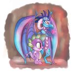  2016 absurd_res alpha_channel blue_scales brown_background crossed_arms cub cute dragon duo everlastingderp eyebrows eyelashes female friendship_is_magic full-length_portrait green_eyes hi_res horn male membranous_wings my_little_pony nude portrait princess_ember_(mlp) red_eyes scales shadow side_view signature simple_background slit_pupils smile spike_(mlp) standing wings young 