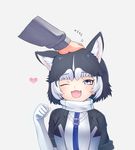  ;d animal_ears chinese_zodiac commentary_request dog dog_ears elbow_gloves eyebrows_visible_through_hair fang gloves hand_on_head heart kemono_friends multicolored_hair nina_yuki one_eye_closed open_mouth siberian_husky_(kemono_friends) smile translated year_of_the_dog 